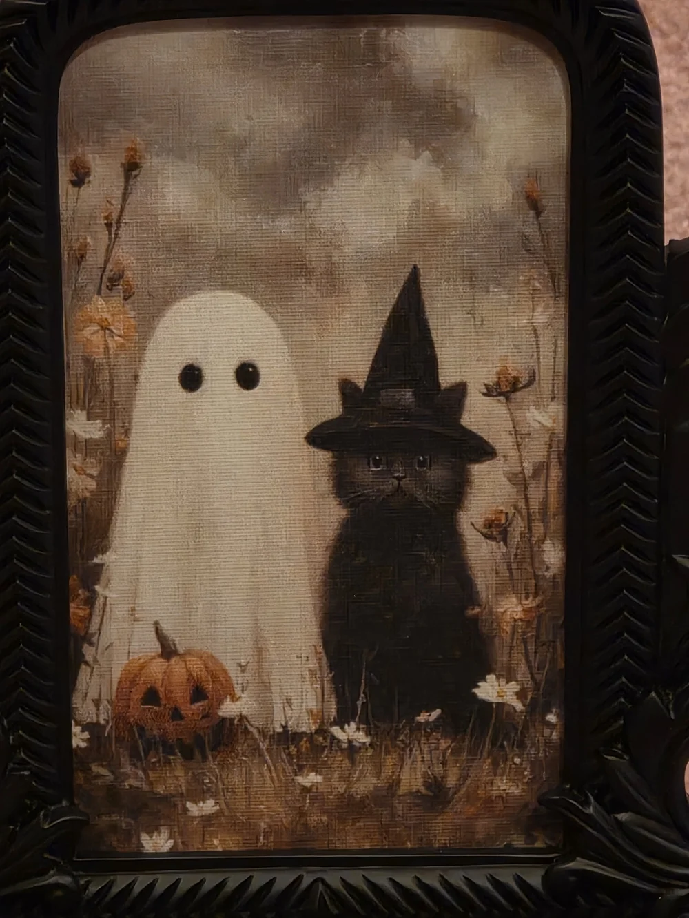 Black Ornate Halloween Frame Art - Ghost & Witch Cat